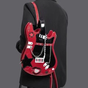 Creative Color Block Punk Style Backpack Unique Guitar Shaped Crossbody Shoulder Ita Bag