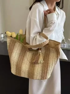 Cross-Border Factory Fashionable Single-Shoulder Large-Capacity Hand-Woven Grass Woven Beach Bag for Ladies