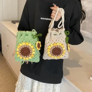 Cross Border New Fashion Simple Knitted Sunflower Cotton Fabric Medium Shoulder Crossbody Bag Stylish Cute Single Strap