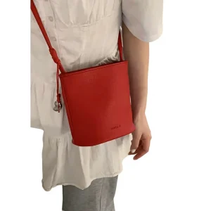 Cross-border Fashion Red Womens Minimalist Lychee-grain Bucket Bag Versatile Crossbody Bag Zipper Single Strap