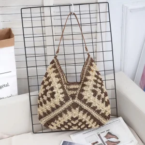 Cross-border New Style Crossbody Granny Plaid Women’s Woven Straw Bag Single-Shoulder Summer Large Stitching Seaside
