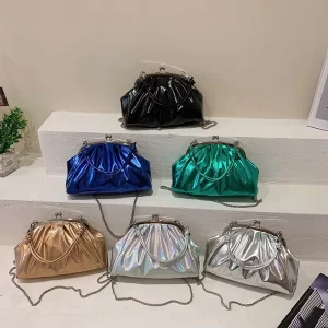 Cross-border Pleated Shiny Leather Shell Bag Spring New Soft Leather Fashion Shoulder/crossbody Women’s Bag Chain Handbag
