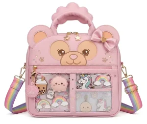 Custom Adorable Pink Bear Ita Backpack Bag Kawaii PU Leather Clear Window Shoulder Crossbody Bag for School/Daily