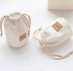 Custom Canvas Drawstring Dust Bags Round Bottom Cotton Pouch with Personalized Leather Logo