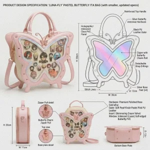 Custom Chic Pastel Pink Butterfly Shape Ita Bag PVC Display Window Pin Collector Shoulder Bag for Anime Conventions Daily Style