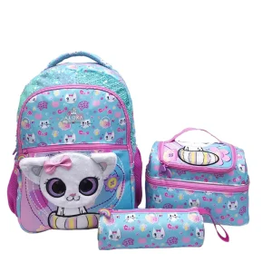 Custom Cute Girls 210D Twill Polyester School Bags Set Kids Printed 17″ Student Backpack 3 Pieces With Lunch Case Pencil Bag