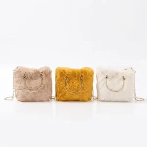 Custom Elegant Plush Tote Bag Soft Furry Handbag with Metal Handle Women Chic Chain Crossbody Bucket Bag