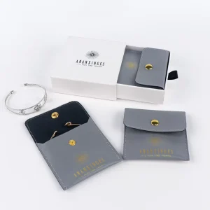 Custom Embossed Logo Gray Faux Leather Travel Cosmetic Dust Pouch High End Drawstring Recyclable Jewelry Gift Watch Makeup Bag