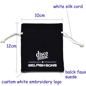Custom Embroidery Logo Small Black Velvet Suede Drawstring Jewelry Pouch Bag