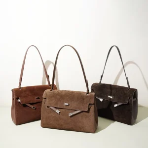Custom Genuine Leather Top Handle Bag Women Suede Flap Satchel Structured Shoulder Luxury OEM Factory