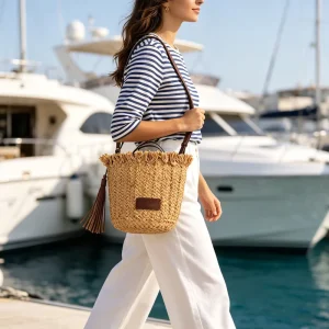 Custom Handcrafted Bohemian Vintage Straw Tassel Shoulder Bag With Chains For Women