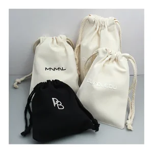 Custom Linen Canvas Jewelry Pouch Silicon LOGO Burlap Bag Drawstring Cotton Linen Dust Bag Small for Wedding