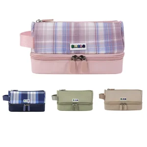 Custom Logo Checkerboard Nylon Zipper Closure Pen Holder Capacity Pencil Bag Portable Cosmetic Storage Bag Kids Student Office