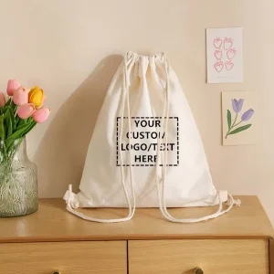 Custom Logo Cotton Canvas Drawstring Backpack Eco Foldable Reusable Drawstring Bag School Gym Travel Promotional Gift Tote Bag