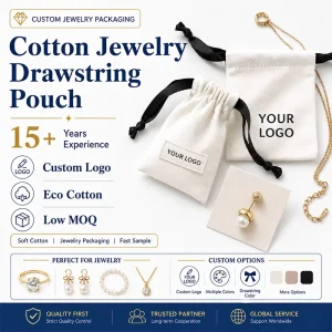 Custom Logo Cotton Jewelry Drawstring Pouch Eco Friendly Jewelry Bag with Ribbon Tie Premium Packaging Bag