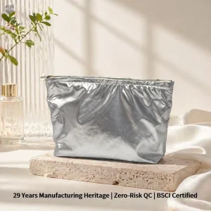 Custom Logo Foldable Metallic Silver Foil TSA Travel Makeup Bag Pochette Cosmtique Luxe Canvas Lining