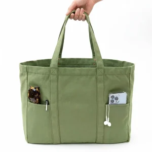 Custom Logo Green Canvas Tote Bag Laptop Compartment Heavy Duty Multi Pocket Shoulder Bag Eco Friendly Low MOQ For Women