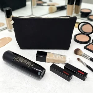 Custom Logo Minimalist Black Neoprene Makeup Bag with Gold Zipper Travel Cosmetic Pouch Toiletry Bag Organizer for Women