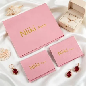 Custom Logo Pink PU Leather Jewelry Storage Bag Flip Top with Inside Layer Pouch for Earrings Rings Necklaces Gift Packaging Eco