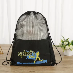 Custom Logo Polyester Mesh Backpack Tote Bag with Drawstring Closure Bundle Pocket Sandwich Design Storage 40x34cm