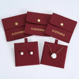 Custom Logo Portable Burgundy Jewelry Pouch with Button Suede Microfiber Velvet Bag for Jewellery Storage and Gift Packaging