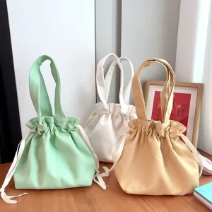 Custom Logo Portable Large Capacity Solid Color Draw String Bento Canvas Cotton Bag Small Drawstring Canvas Tote Bag