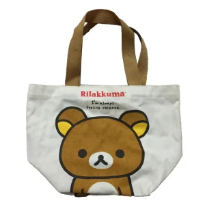 Custom Logo Printed Reusable 10oz Beige Shopping Bag Bear Cartoon Small Lunch Bag with Pocket for Outdoor
