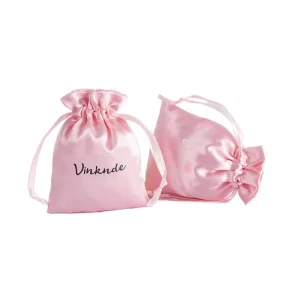 Custom Logo Printed Silk Satin Lipstick Perfume Cosmetic Drawstring Bag Pink Luxury Satin Rings Necklace Packaging Jewelry Pouch