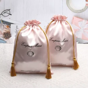 Custom Logo Printing Satin Drawstring Bag With Tassel Wig Hair Bundle Lingerie Storage Pouch Dust Satin Bag