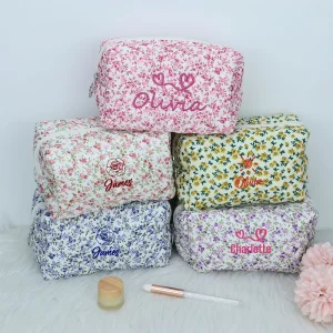 Custom Logo Quilted Makeup Bag Floral Pattern Women’s Medium Cotton Cosmetic Pouch Simple Zipper Personalized