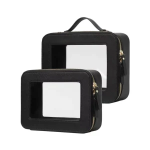 Custom Logo Simple PVC Transparent Clear Zipper Makeup Bag PU Leather Letter Patches Travel Cosmetic Bag