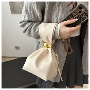 Custom Logo Vintage Pleated PU Leather Bucket Bag Women Small Tote Handbag Zipper Evening Clutch Purse for Wedding Travel Party