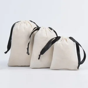 Custom Logo White Organic Cotton Recyclable Drawstring Pouch Custom Size For Bracelets Jewelry Storage Gift Packaging