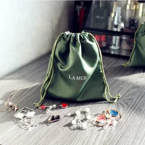 Custom Luxury Reusable Small Large Dustproof Drawstring Bags for Jewelry Hair Extensions Storage Packaging Soft Satin Bags