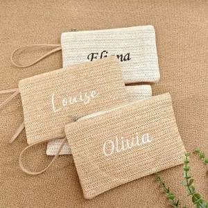 Custom Name Embroidery Straw Wristlet Clutch Bag Hand Woven Wheat Straw Purse Summer Beach Woven Zipper Pouch