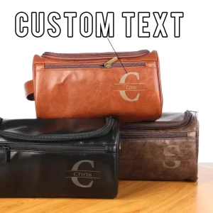 Custom Name Logo Engraved Men’s Vintage PU Leather Toiletry Bag Waterproof Portable Travel Shaving Cosmetic Storage Dopp Kit