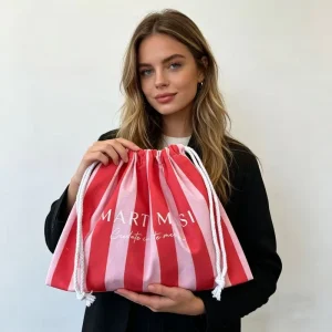 Custom Organic Fashion Lady Small White Muslin Dust Linen Canvas Drawstring Bags Cotton Striped Pouch with Custom Logo