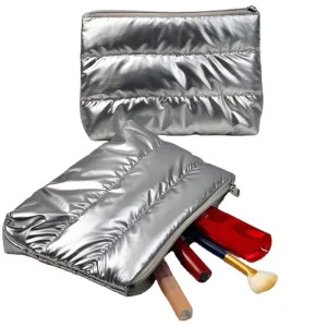 Custom Plush Makeup Bag Soft Cotton Quilted Handbag Silver Beauty Brush Storage Zipper Pouch Puffy Cosmetic Bag
