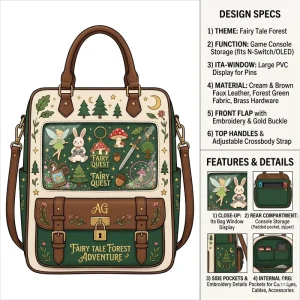 Custom Premium Forest Green Game Console Ita Bag with Fairy Tale Embroidery & Pin Display Window for Daily Commute & Events