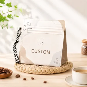 Custom Printed 8oz Flat Bottom Coffee Bag with Valve Premium Food Grade Specialty Roastery Coffee Bean Pouch with Rope Handle