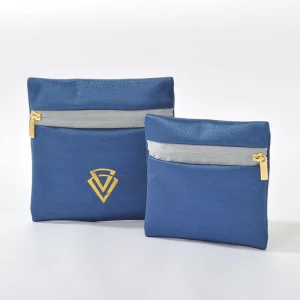 Custom Satin Jewelry Pouch Gold Foil Logo Zip Closure Small Navy Blue Cosmetic Bag Portable Microfiber Gift Packaging