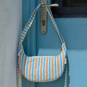 Custom Size Logo Design Blue and Yellow Striped Printed Canvas Adjustable Crossbody Messenger Banana Shoulder Bag