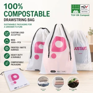 Custom Size&Logo 100% Biodegradable PLA Poly Drawstring Bags Compostable Eco Packaging Zero Waste Drawstring Cloth Storage Bags