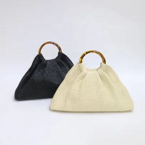 Custom Summer Women’s Pleated Straw Handbag with Leopard Print Acrylic Ring Fashionable Factory Design