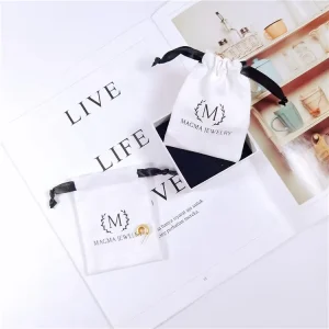 Custom White Cotton Drawstring Jewelry Bag with Logo Printed for Earrings Rings Bracelet Gift Packing Bag