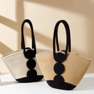 Customised Colors Women’s Cotton Rope Woven Handbag Zipper Closure Pearl Print Saddle Shape Lightweight Large Capacity Beach