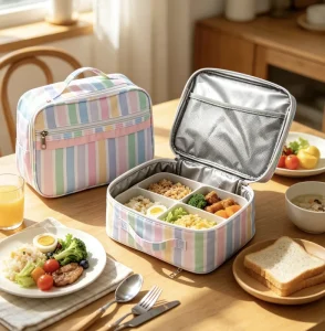 Customizable Colorful Striped Lunch Cooler Canvas Bag Aluminum Lightweight Leakproof Food Storage Tote for Women