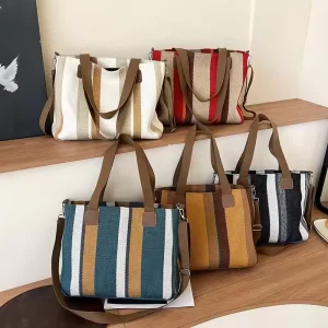 Customize Canvas Bag New Fashion Canvas Tote Bag Simple Casual Cotton Canvas Striped Women’s Handbag Crossbody Shoulder Bag