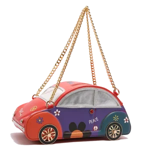Customized Car shaped Handbag with Color Blocking Screen Printing Flake Rhinestone Embellishment and Chain Shoulder Strap