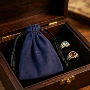 Customized Embossed Logo Dark Blue Luxury Velvet Suede Gift Jewelry Pouch Drawstring Packaging Bags